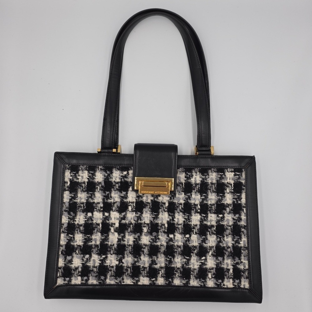 Adrienne Vittadini Houndstooth Tweed Structured Bag Black White Gold Hardware
